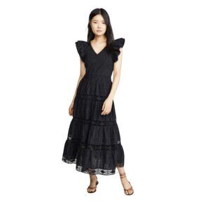Sea NY Lea Flutter Sleeve Midi Dress Womens 4 Black Cotton V-Neck Tiered Eyelet